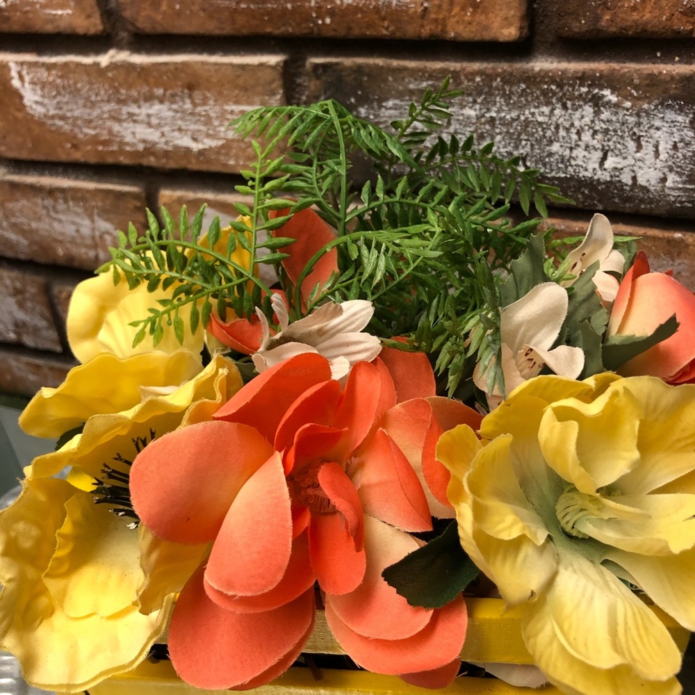 Yellow Wood Basket with Flowers Arrangement - Picture 2 of 3